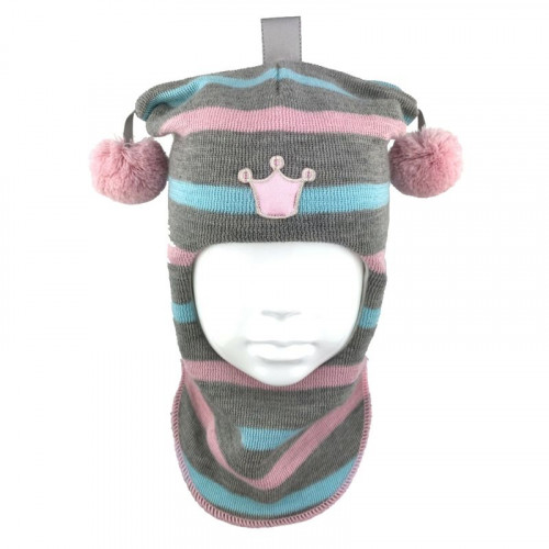 Зимний шлем Бизи "Принцесса" светло-серый меланж/розовый/небесно-голубой (полоска)